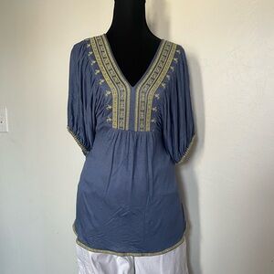 Blue and Gold Embroidered Puff Sleeve Top Boho